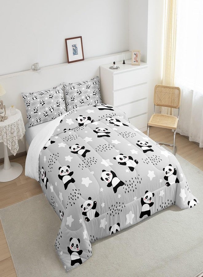 Homewish Cute Panda Full Size Comforter Set,Kawaii Animals Bedding Set for Adults Teens,Children Black White Gray Comforter Luxury Cartoon Panda Quilt Set Room Decor 3Pcs - Image 2